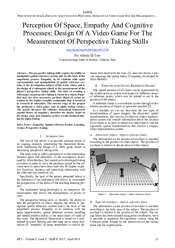 Pdf Perception Of Space Empathy And Cognitive Processes Design Of A Video Game For The Measurement Of Perspective Taking Skills Pio Alfredo Di Tore Academia Edu