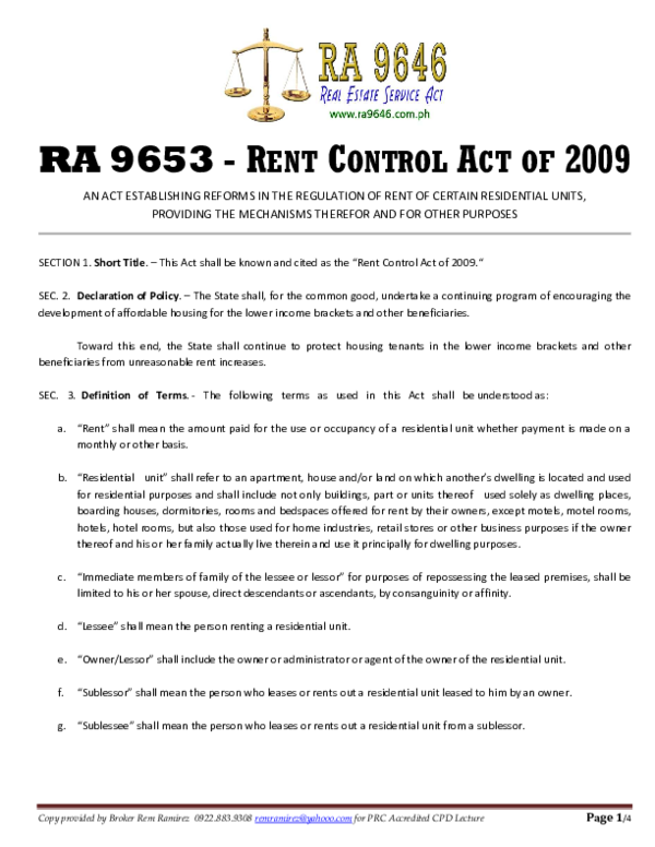 (PDF) RA 9653 Rent Control Act of 2009 rem ramirez Academia.edu