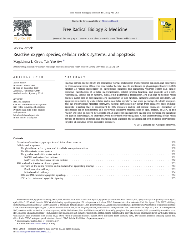 (PDF) Reactive oxygen species, cellular redox systems, and apoptosis