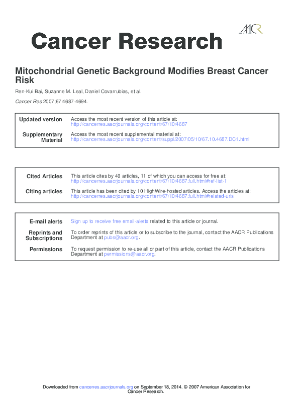 (PDF) Mitochondrial Genetic Background Modifies Breast Cancer Risk