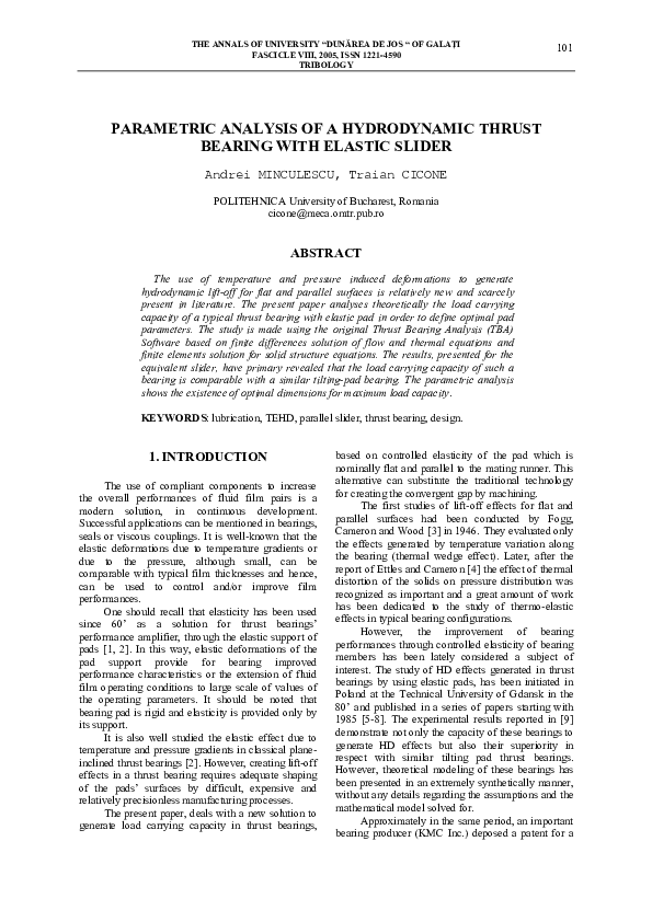 (PDF) PARAMETRIC ANALYSIS OF A HYDRODYNAMIC THRUST BEARING WITH ELASTIC