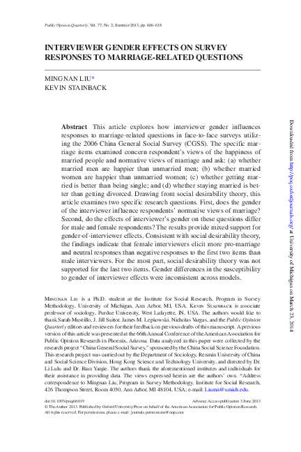 (PDF) INTERVIEWER GENDER EFFECTS ON SURVEY RESPONSES TO MARRIAGE ...