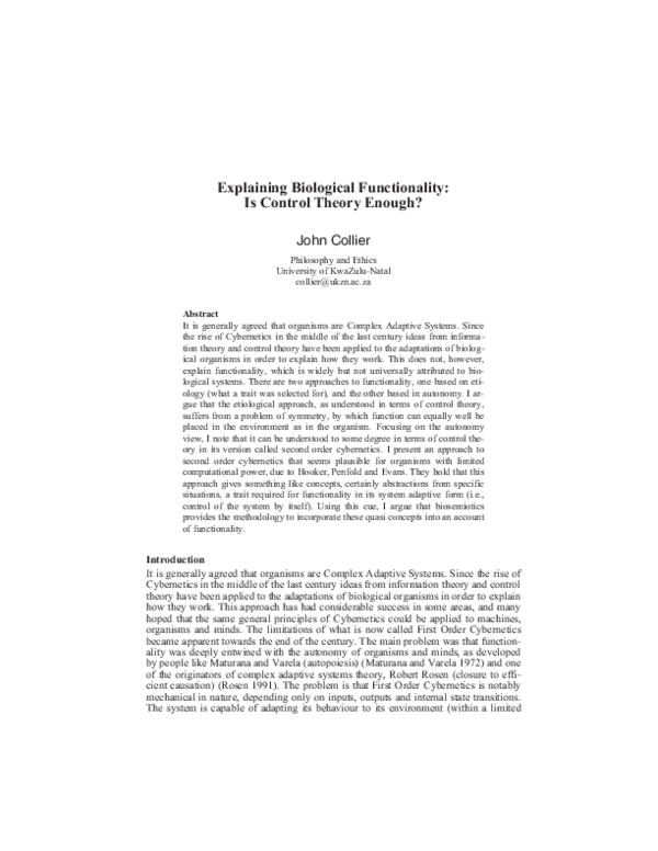 (PDF) Explaining Biological Functionality: Is Control Theory Enough?