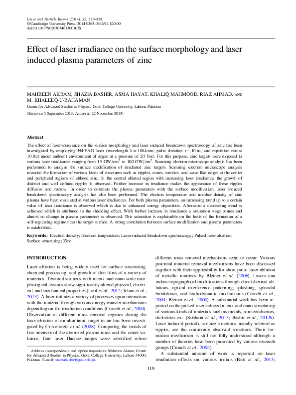 (PDF) Effect of laser irradiance on the surface morphology and laser ...