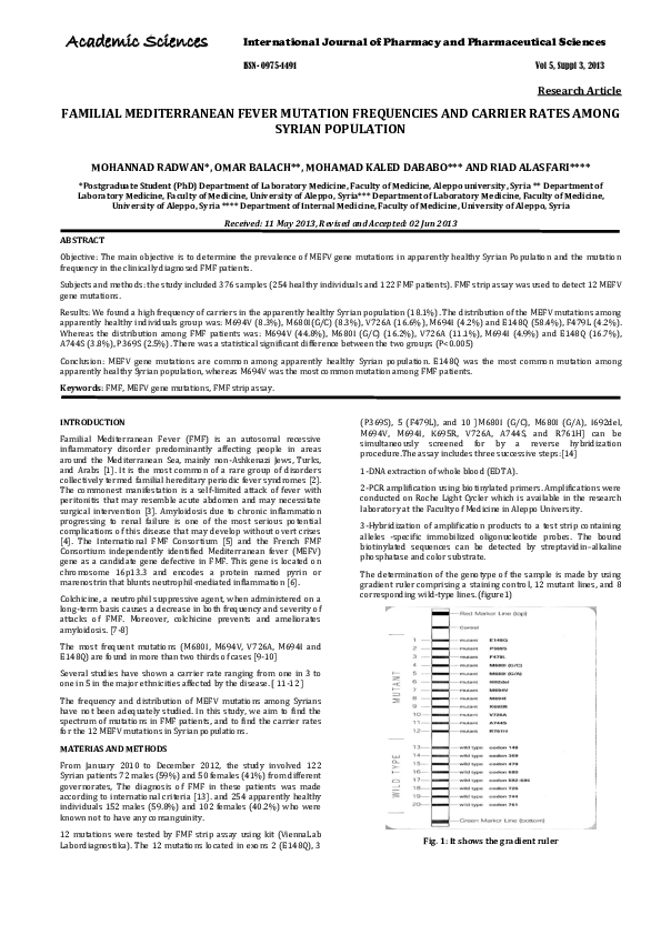 (PDF) FAMILIAL MEDITERRANEAN FEVER MUTATION FREQUENCIES AND CARRIER ...
