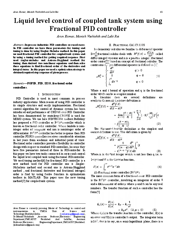 (PDF) Liquid level control of coupled tank system using Fractional PID ...