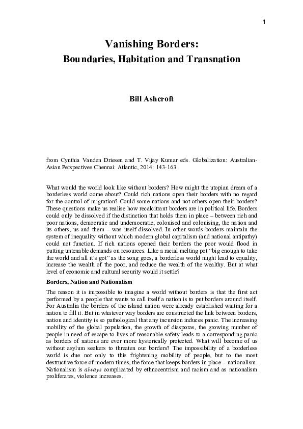 (PDF) Vanishing Borders Boundaries, Habitation, Transnation, Bill