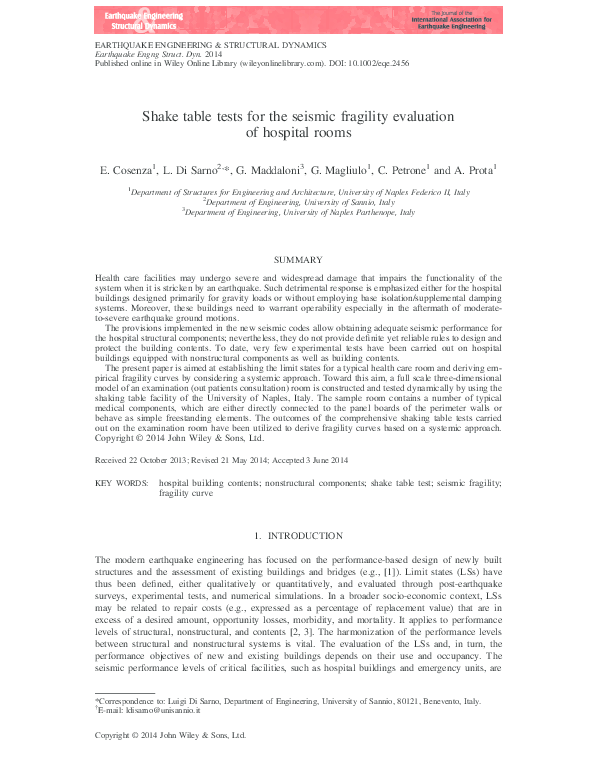 (PDF) Shake table tests for the seismic fragility evaluation of ...