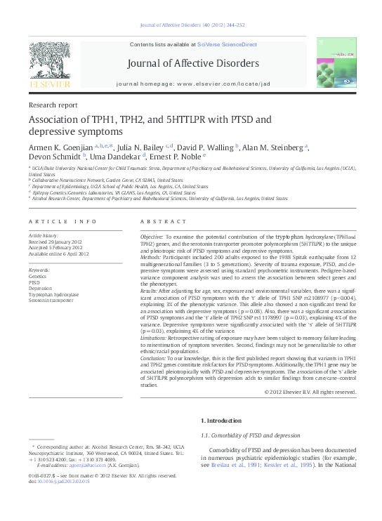 (PDF) Association of TPH1, TPH2, and 5HTTLPR with PTSD and depressive ...