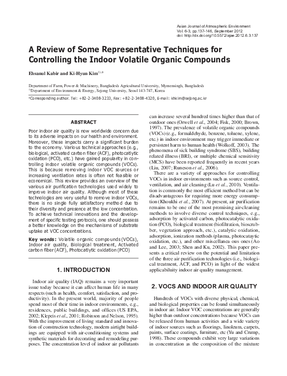 A Review of Some Representative Techniques for Controlling the Indoor Volatile Organic Compounds