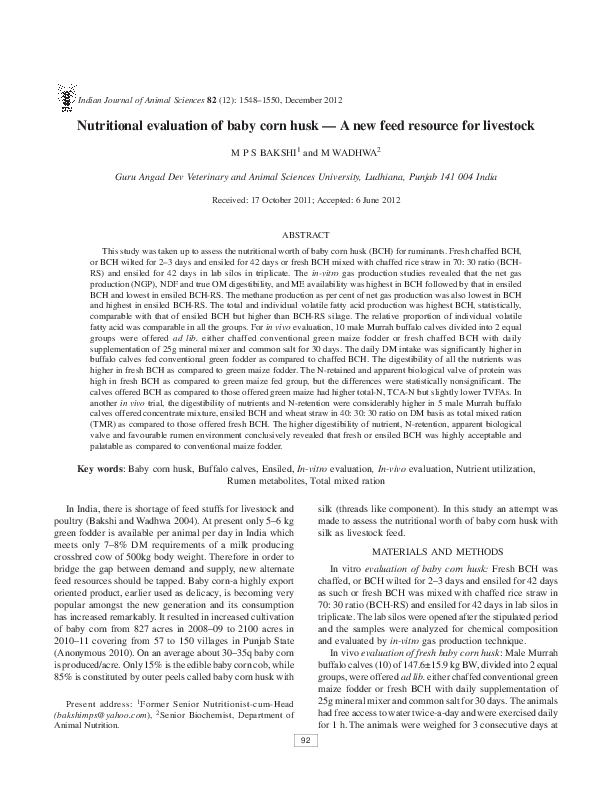 (PDF) Nutritional evaluation of baby corn husk — A new feed resource for livestock MANJU