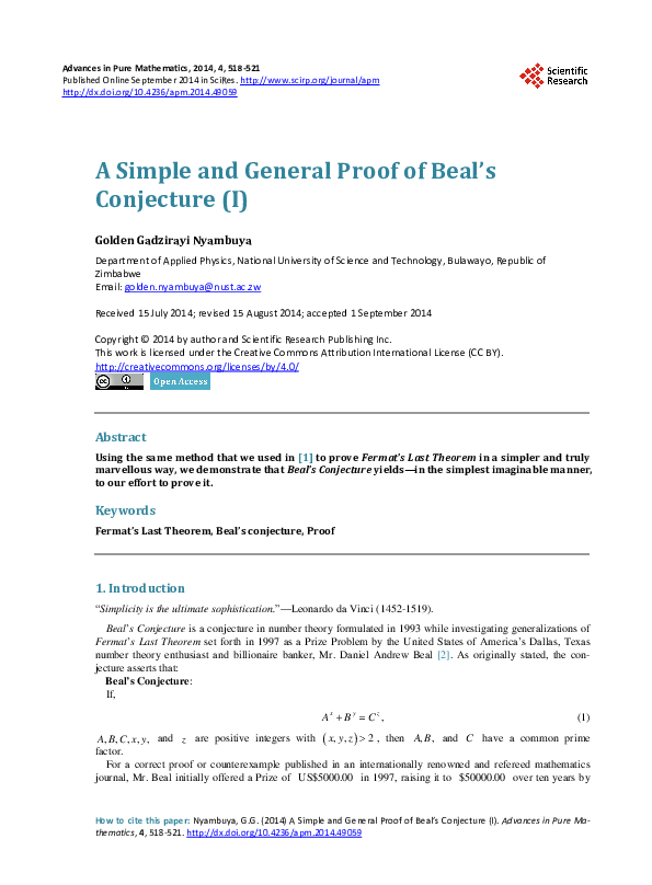 Pdf A Simple And General Proof Of Beal S Conjecture I Golden Gadzirai Nyambuya Academia Edu