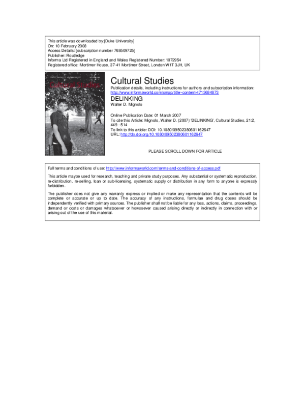 (PDF) DELINKING: THE RHETORIC OF MODERNITY, THE LOGIC OF COLONIALITY ...
