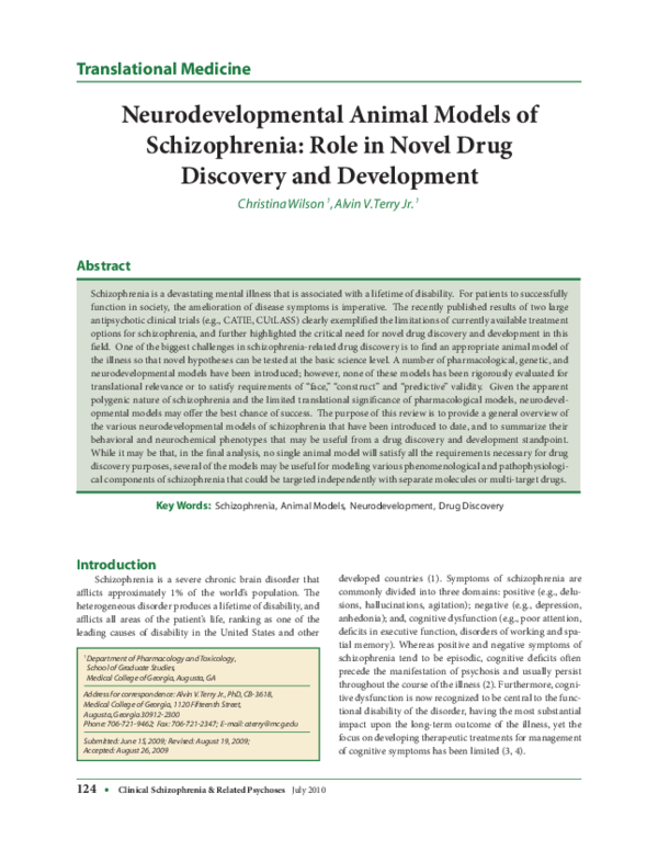 (PDF) Neurodevelopmental Animal Models of Schizophrenia Role in Novel