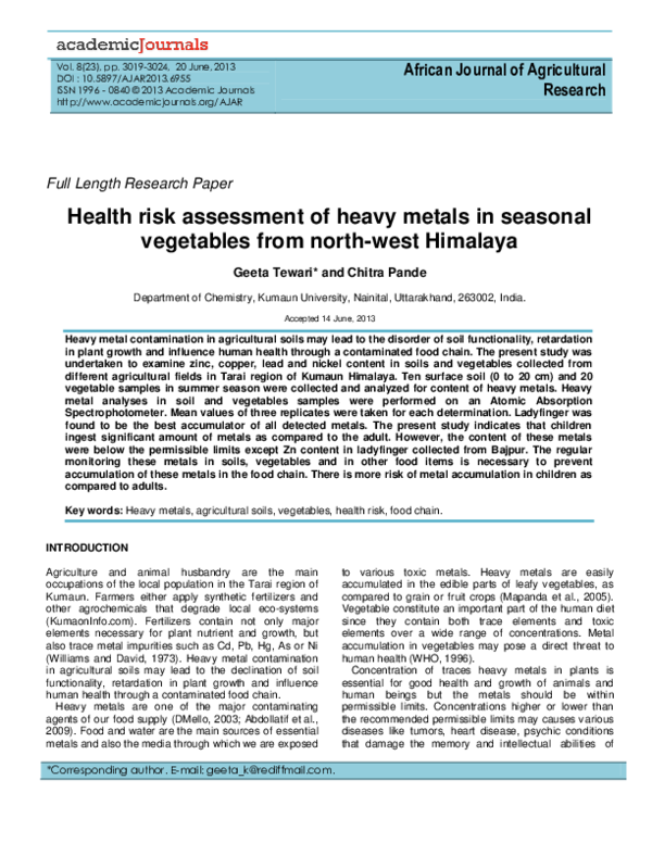 (PDF) Health risk assessment of heavy metals in seasonal vegetables ...