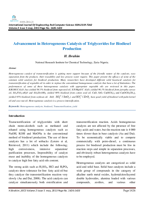 (PDF) Advancement in Heterogeneous Catalysis of Triglycerides for ...