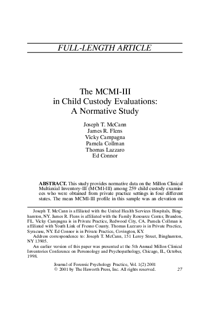 (PDF) (McCann et al. 2001) The MCMI-III in Child Custody Evaluations. A ...