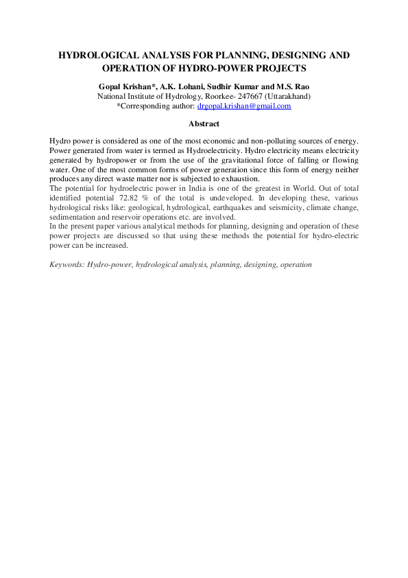 (DOC) HYDROLOGICAL ANALYSIS FOR PLANNING, DESIGNING AND OPERATION OF ...