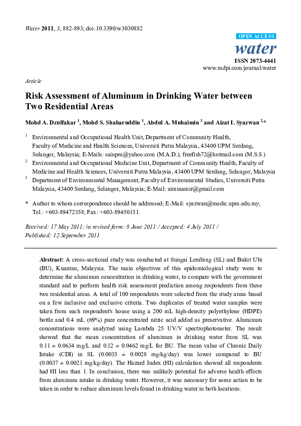 (PDF) Risk Assessment of Aluminum in Drinking Water between Two