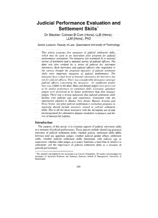 (PDF) Judicial Performance Evaluation and Settlement Skills