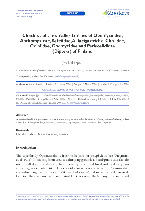 (PDF) Checklist of the smaller families of Opomyzoidea, Anthomyzidae