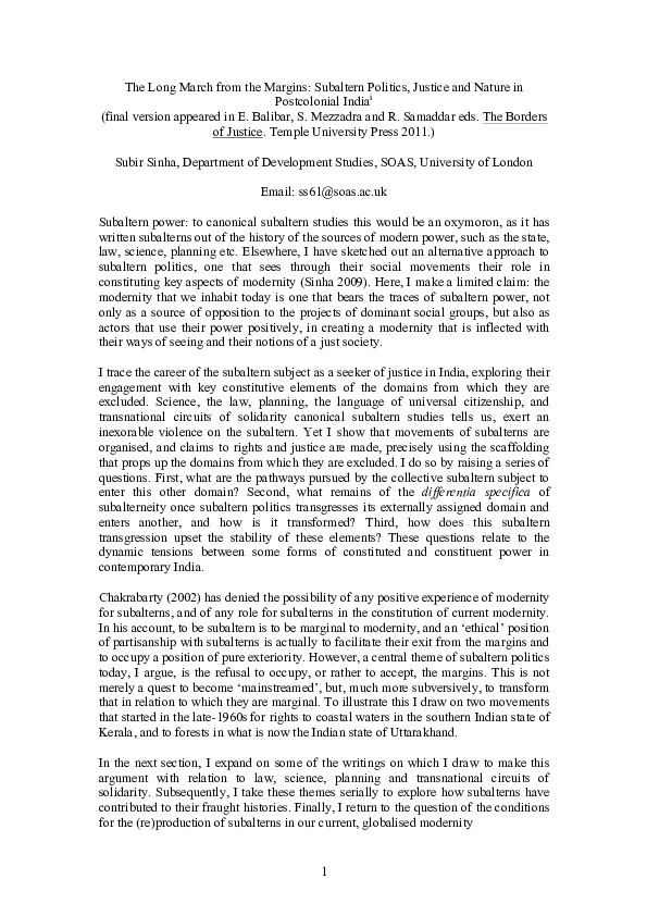 (PDF) The Long March from the Margins Subaltern Politics, Justice and Nature in Postcolonial