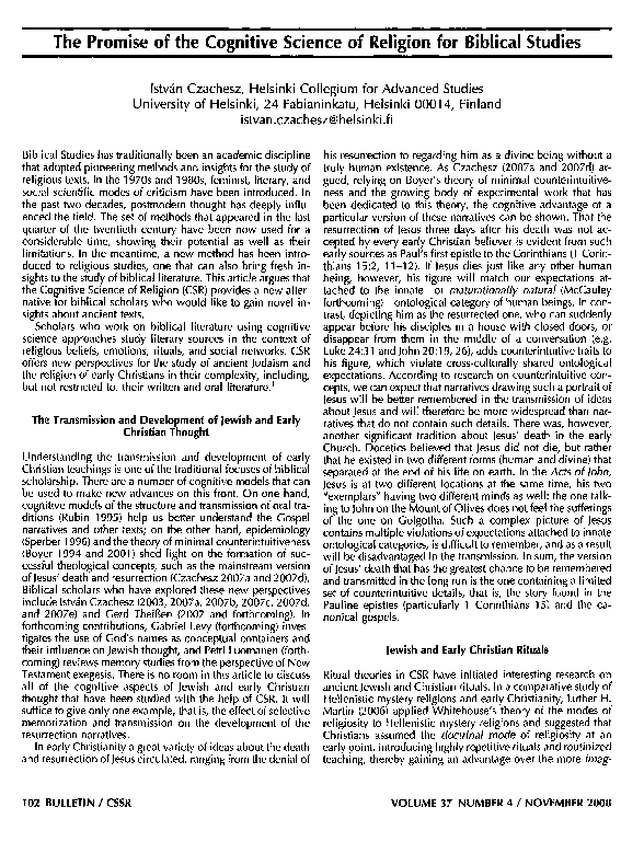 (PDF) The Promise of the Cognitive Science of Religion for Biblical Studies