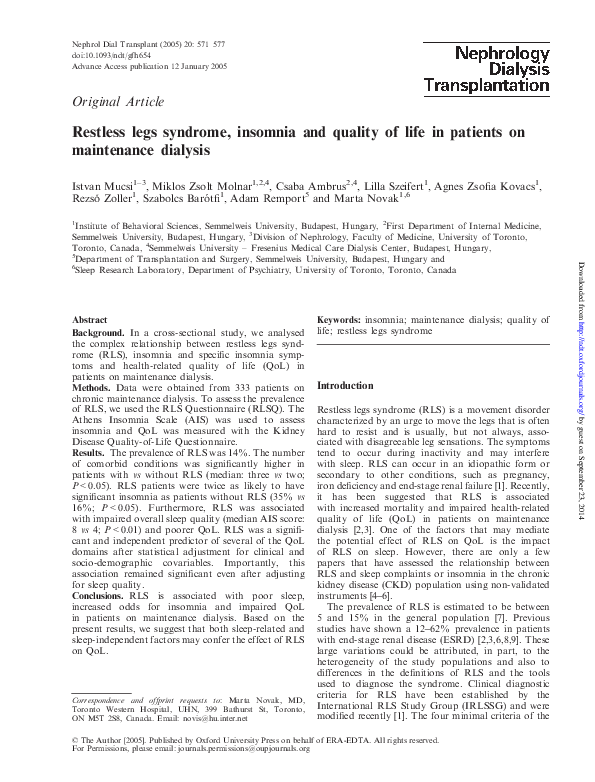 (PDF) Restlesslegs syndrome and insomnia in hemodialysis patients