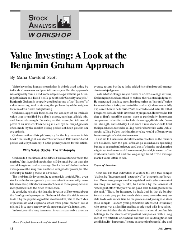 (PDF) value investing a look at the benjamin graham approach
