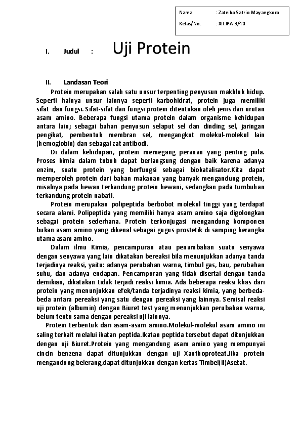 Doc Laporan Kimia Uji Protein Zatniko S A T R I O Mayangkoro Academia Edu