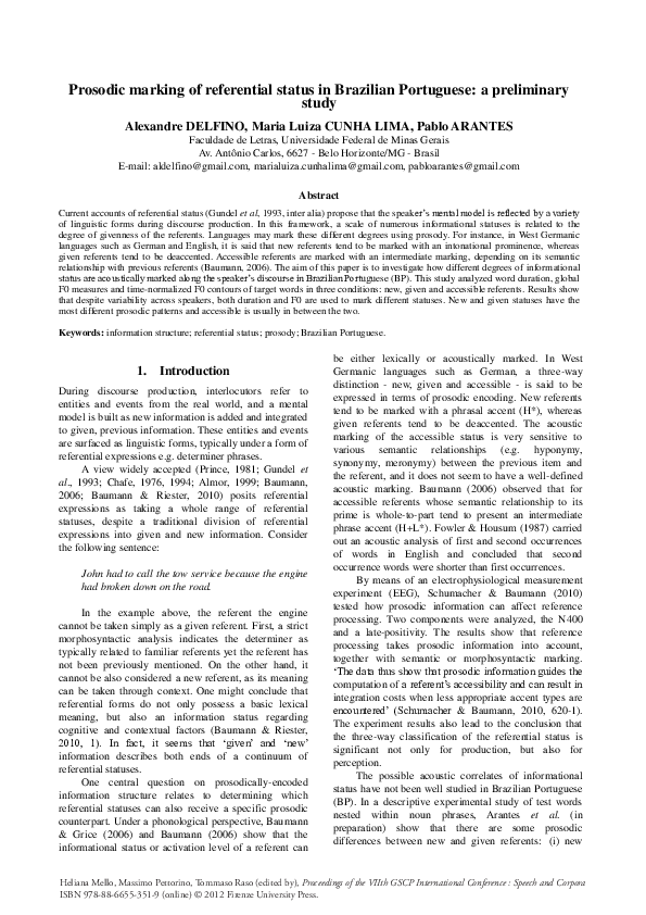 (PDF) Prosodic marking of referential status in Brazilian Portuguese: a ...