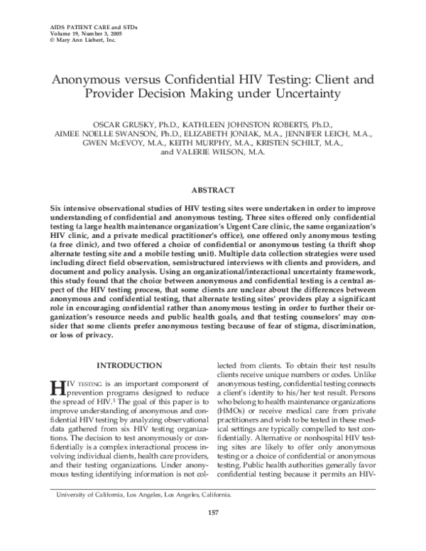 (PDF) Anonymous versus Confidential HIV Testing: Client and Provider ...