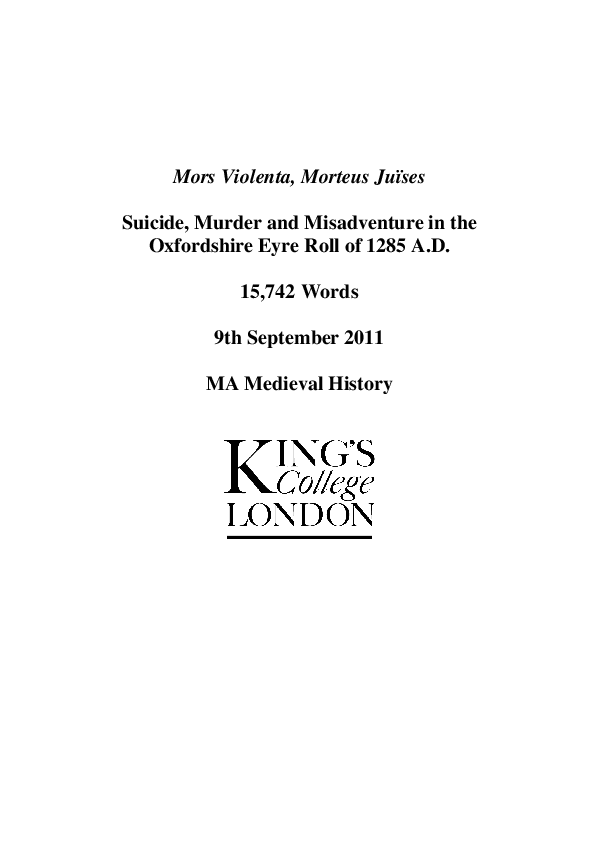  Suicide, Murder and Misadventure in the Oxfordshire Eyre Roll of 1285 Introduction