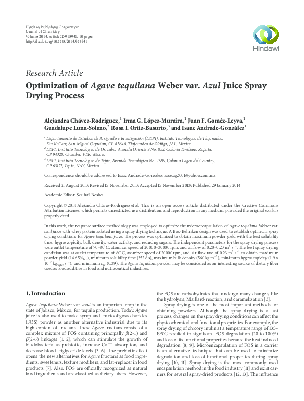 (PDF) Optimization of Agave tequilana Weber var. Azul Juice Spray ...