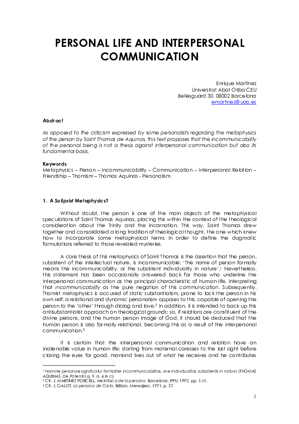 (PDF) PERSONAL LIFE AND INTERPERSONAL COMMUNICATION