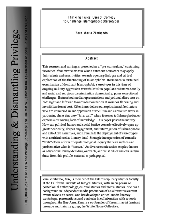 First page of “Thinking Twice: Uses of Comedy to Challenge Islamophobic Stereotypes”