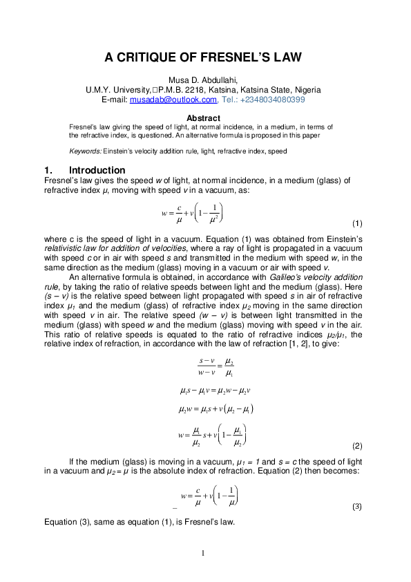 (PDF) A Critique of Fresnel's Law