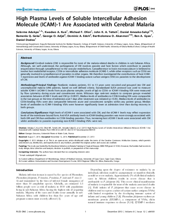 (PDF) High Plasma Levels of Soluble Intercellular Adhesion Molecule ...