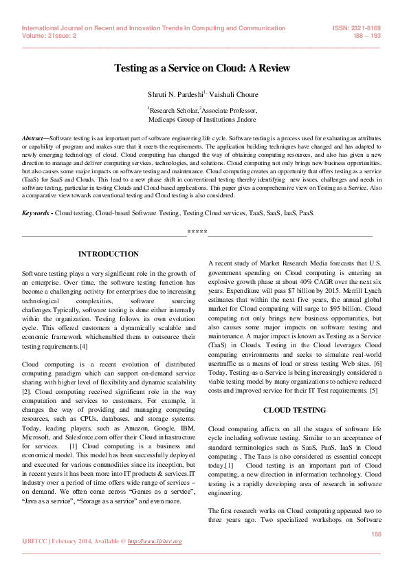 (PDF) Testing as a Service on Cloud: A Review