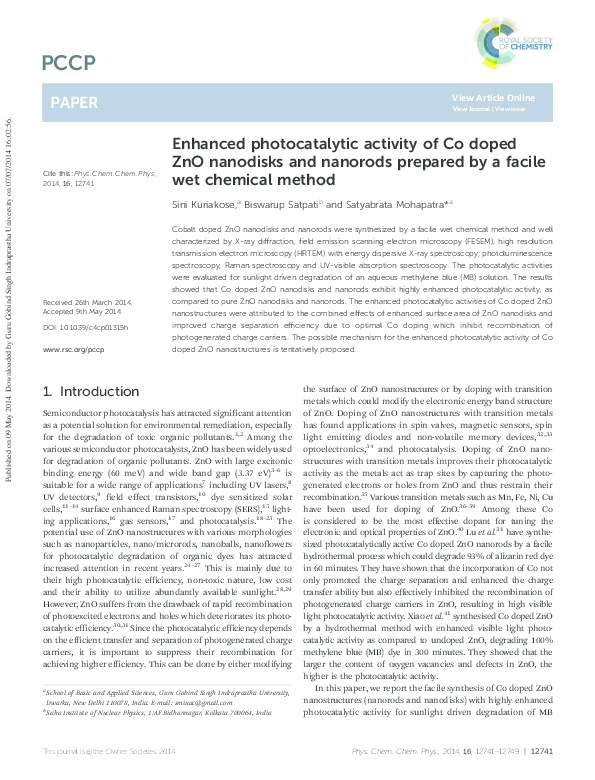 (PDF) Enhanced photocatalytic activity of Co doped ZnO nanodisks and ...