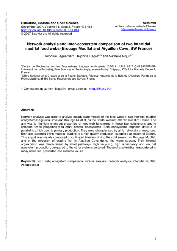 Pdf Network Analysis And Inter Ecosystem Comparison Of Two Intertidal 
