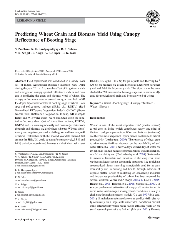 (PDF) Predicting Wheat Grain and Biomass Yield Using Canopy Reflectance ...