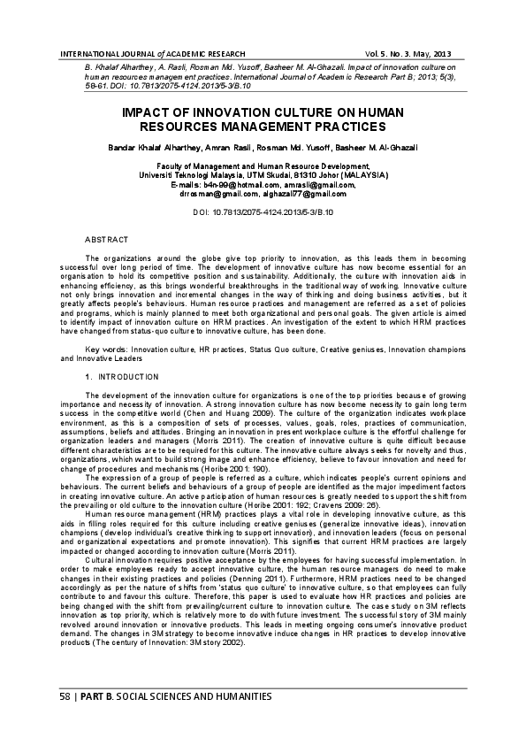 (PDF) IMPACT OF INNOVATION CULTURE ON HUMAN RESOURCE PRACTICES