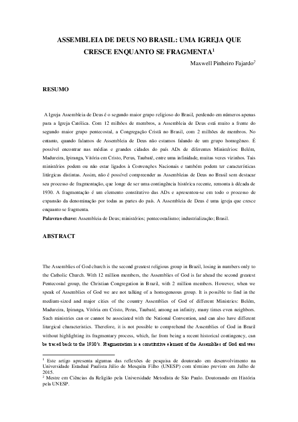 Pdf Assembleia De Deus No Brasil A Igreja Que Cresce Enquanto Se