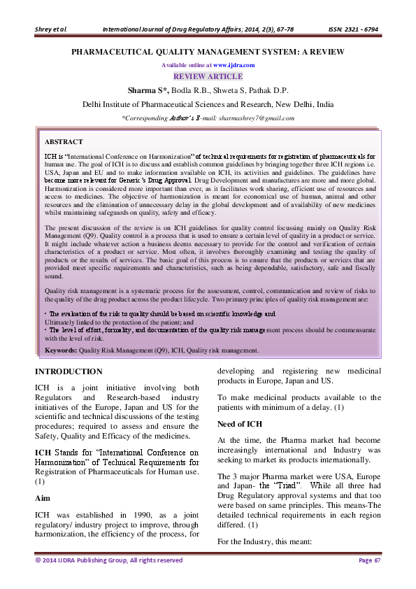  PDF PHARMACEUTICAL QUALITY MANAGEMENT SYSTEM A REVIEW Jitendra 