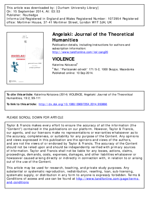 (PDF) To cite this article: Katerina Kolozova (2014) VIOLENCE, Angelaki ...