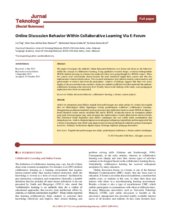 Pdf Online Discussion Behavior Within Collaborative Learning Via E Forum Ting Liu Academia Edu
