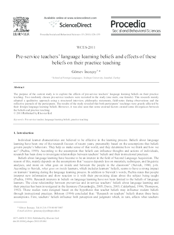 Pdf Pre Service Teachers Language Learning Beliefs And Effects Of