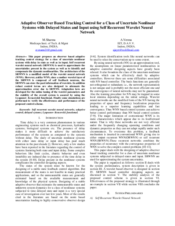 (PDF) Adaptive Observer Based Tracking Control for a Class of Uncertain ...
