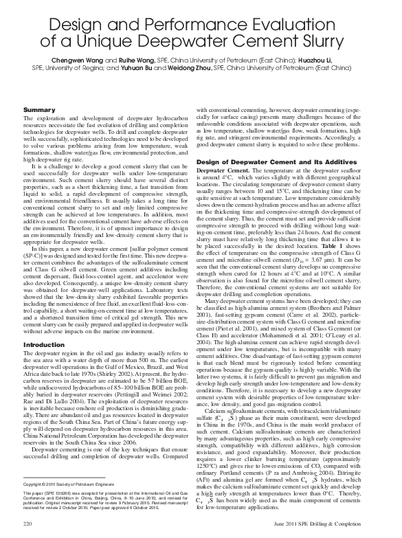 (PDF) Design and Performance Evaluation of a Unique Deepwater Cement Slurry